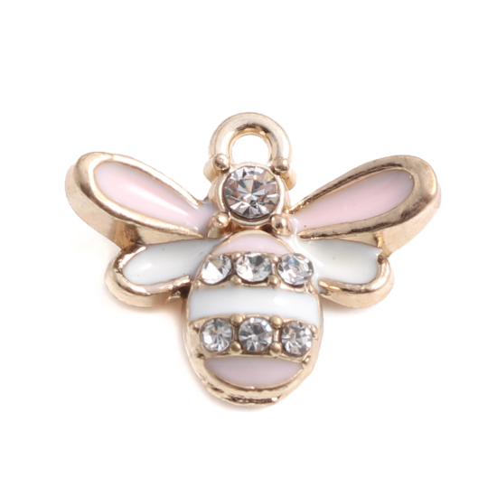 Picture of Zinc Based Alloy Charms Bee Animal Gold Plated White & Light Pink Clear Rhinestone Enamel 17mm x 14mm, 500 PCs