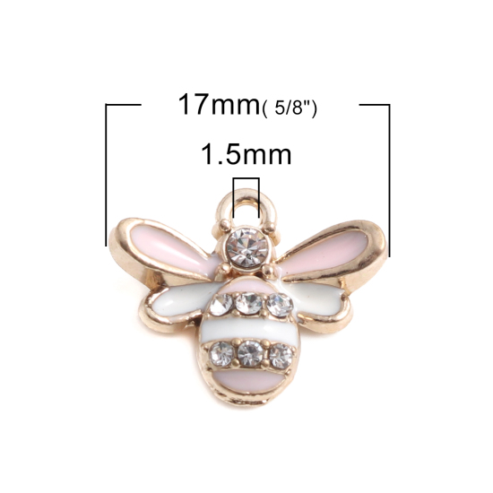 Picture of Zinc Based Alloy Charms Bee Animal Gold Plated White & Light Pink Clear Rhinestone Enamel 17mm x 14mm, 500 PCs