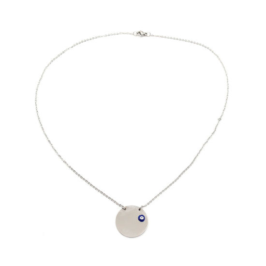 Bild von Edelstahl Emaille Halskette Silberfarbe Rund Böser Blick Evil Eye Blank Schild zu Gravieren 46cm lang, 1 Strang