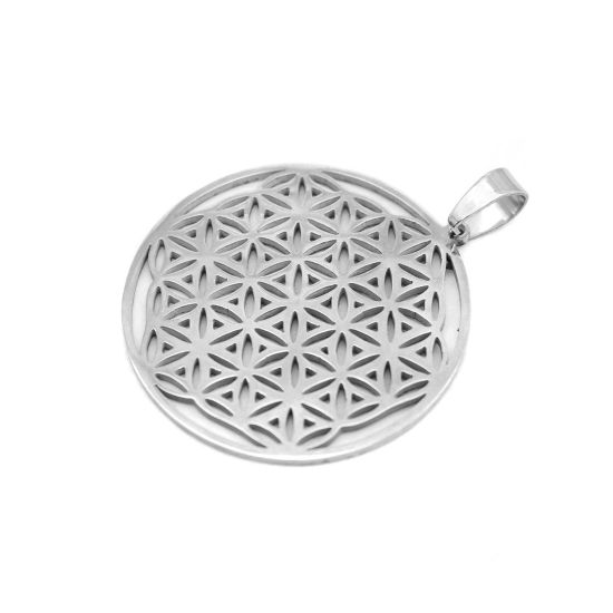 Imagen de Acero Inoxidable Colgantes Ronda Tono de Plata Flor de la vida Hueco 4.9cm x 3.8cm, 1 Unidad