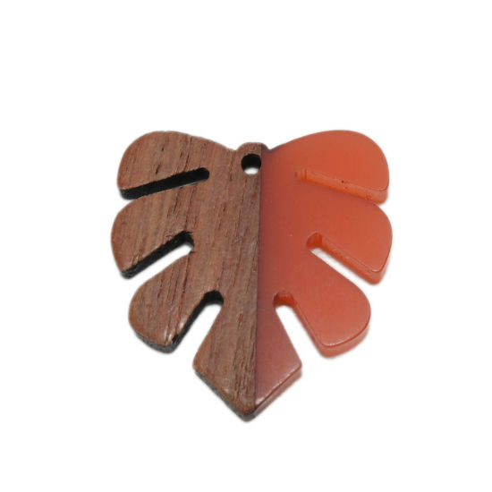 Picture of Resin & Natural Wood Effect Resin Pendants Palm Frond Orange-red 3cm x 2.8cm, 3 PCs