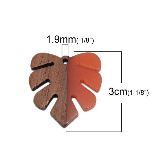 Picture of Resin & Natural Wood Effect Resin Pendants Palm Frond Orange-red 3cm x 2.8cm, 3 PCs