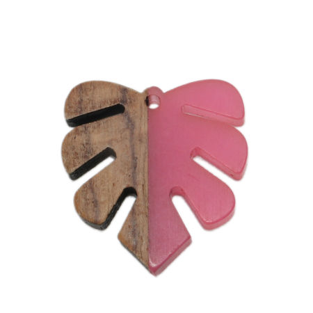 Resin & Natural Wood Effect Resin Pendants Palm Frond Fuchsia 3cm x 2.8cm, 3 PCs