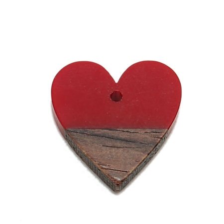 Resin & Natural Wood Effect Resin Charms Heart Dark Red 18mm x 17mm, 5 PCs
