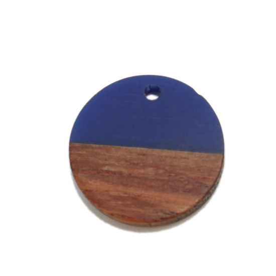 Imagen de Madera+Resina Resina de Efecto Madera Colgantes Charms Ronda Azul Oscuro 18mm Dia, 5 Unidades