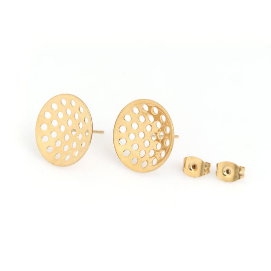 Imagen de 304 Acero Inoxidable Pendientes Ronda Chapado en Oro W/ Lazo 16mm Diámetro, Post/ Wire Size: (21 gauge), 10 Unidades