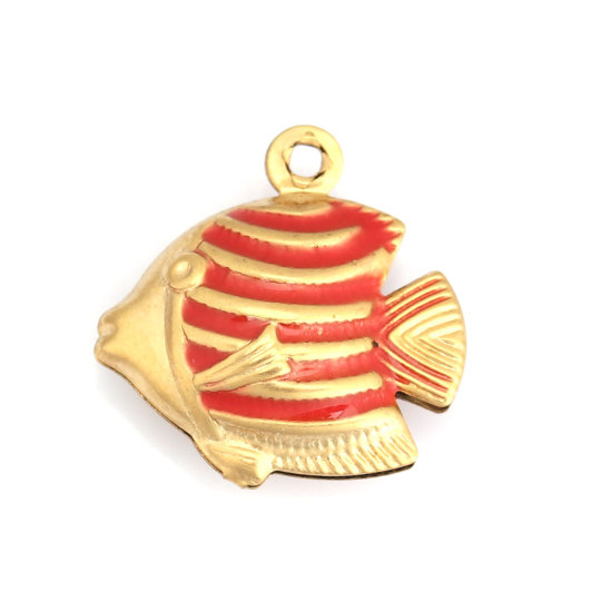 10 個 304ステンレス鋼 海ジュエリー チャーム 熱帯魚 金メッキ 赤 エナメル 18mm x 17mm、 の画像