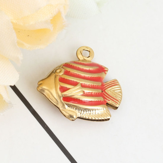 10 個 304ステンレス鋼 海ジュエリー チャーム 熱帯魚 金メッキ 赤 エナメル 18mm x 17mm、 の画像