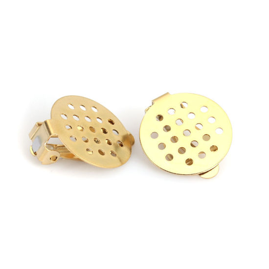Picture of 304 Stainless Steel Ear Clips Earrings Round Gold Plated Hollow 20mm x 18mm, 10 PCs