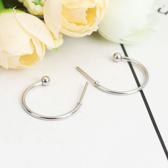 Picture of 304 Stainless Steel Ear Post Stud Earrings Circle Ring Silver Tone 20mm x 3mm, Post/ Wire Size: (20 gauge), 5 Pairs
