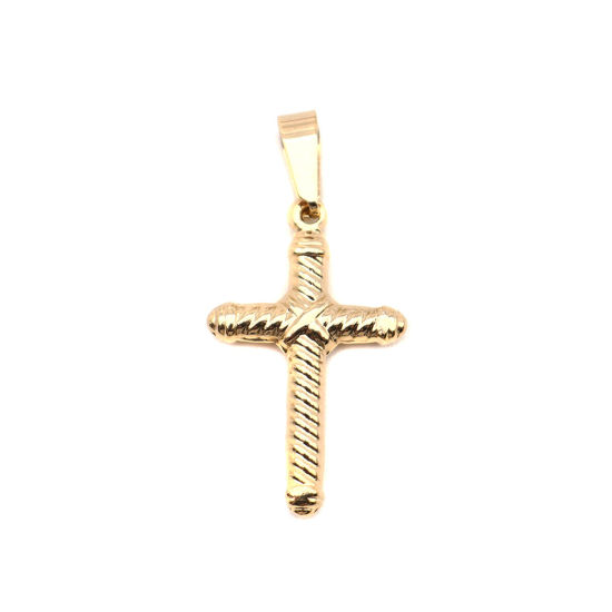Picture of Stainless Steel Pendants Cross Gold Plated Stripe 4cm x 2cm, 1 Piece