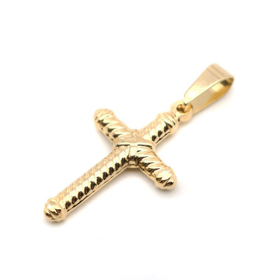 Picture of Stainless Steel Pendants Cross Gold Plated Stripe 3.3cm x 1.5cm, 1 Piece