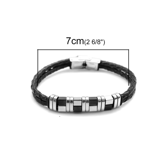 304ステンレス鋼+本革 バングル シルバートーン 黒 円形 21cm 長さ、 1 本 の画像