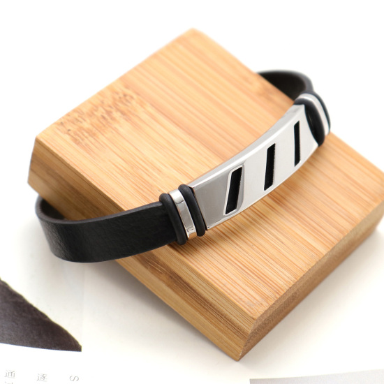 Immagine di 304 Acciaio inossidabile & Vera Pelle & Gomma Braccialetto Tono Argento Nero Tondo 21cm Lunghezza, 1 Pz
