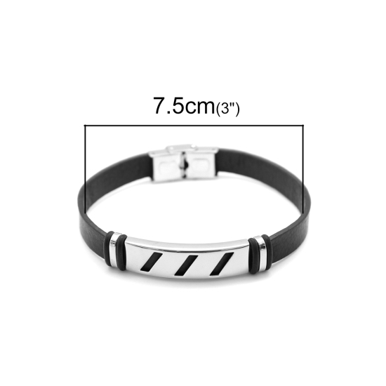 Immagine di 304 Acciaio inossidabile & Vera Pelle & Gomma Braccialetto Tono Argento Nero Tondo 21cm Lunghezza, 1 Pz