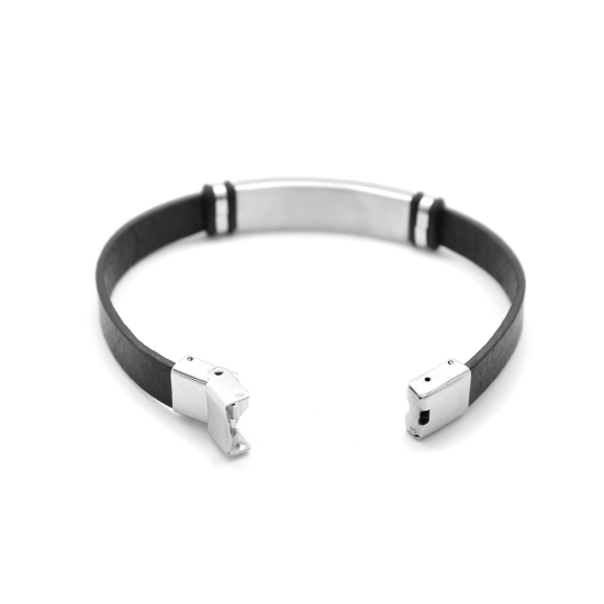 Immagine di 304 Acciaio inossidabile & Vera Pelle & Gomma Braccialetto Tono Argento Nero Tondo 21cm Lunghezza, 1 Pz