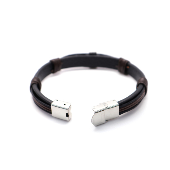 Image de Bracelets en 304 Acier Inoxydable & Cuir Réel Argent Mat Brun & Noir Rond Croix Multicouche 21cm long, 1 Pièce