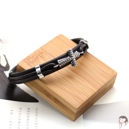Image de Bracelets en 304 Acier Inoxydable & Cuir Réel Argent Mat Brun & Noir Rond Croix Multicouche 21cm long, 1 Pièce