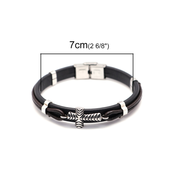 Image de Bracelets en 304 Acier Inoxydable & Cuir Réel Argent Mat Brun & Noir Rond Croix Multicouche 21cm long, 1 Pièce