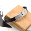 Picture of 304 Stainless Steel & Real Leather Bangles Bracelets Silver Tone Black Round 21cm(8 2/8") long, 1 Piece