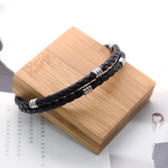 Imagen de 304 Acero Inoxidable & Cuero Real Brazalete Tono de Plata Negro Ronda Multicapa 21cm longitud, 1 Unidad