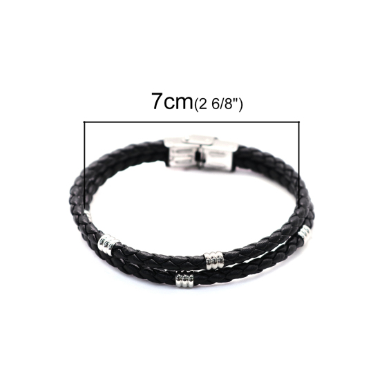 Imagen de 304 Acero Inoxidable & Cuero Real Brazalete Tono de Plata Negro Ronda Multicapa 21cm longitud, 1 Unidad