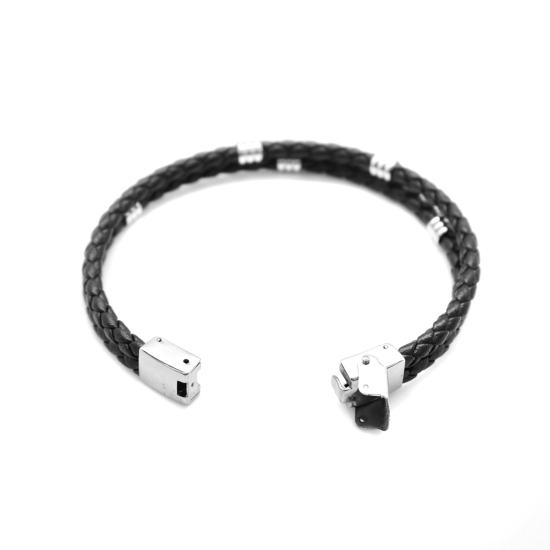 Imagen de 304 Acero Inoxidable & Cuero Real Brazalete Tono de Plata Negro Ronda Multicapa 21cm longitud, 1 Unidad