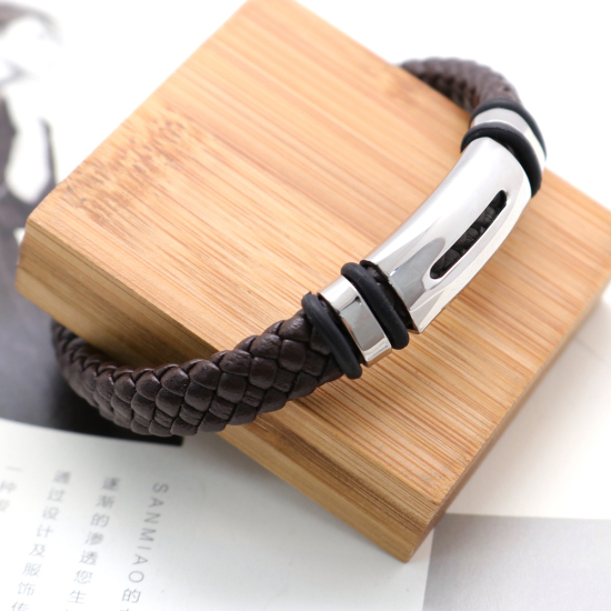 Picture of 304 Stainless Steel & Real Leather & Rubber Bangles Bracelets Silver Tone Brown Round 21cm(8 2/8") long, 1 Piece