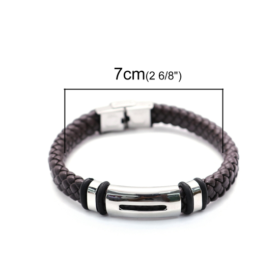 Picture of 304 Stainless Steel & Real Leather & Rubber Bangles Bracelets Silver Tone Brown Round 21cm(8 2/8") long, 1 Piece