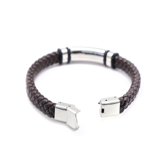 Picture of 304 Stainless Steel & Real Leather & Rubber Bangles Bracelets Silver Tone Brown Round 21cm(8 2/8") long, 1 Piece