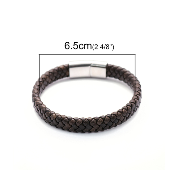 304ステンレス鋼+本革 バングル シルバートーン ブラウン 円形 21cm 長さ、 1 本 の画像