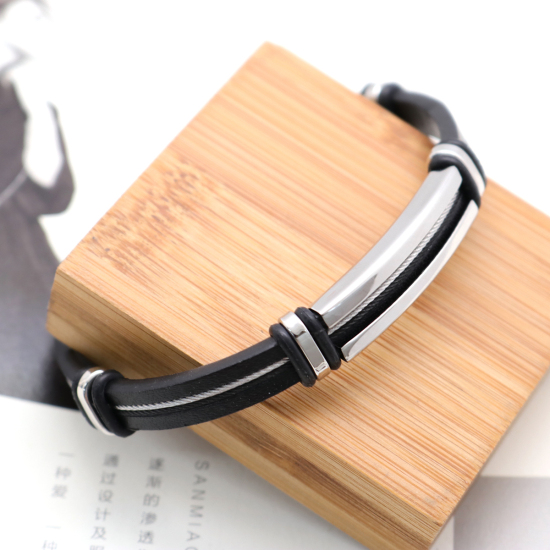 Picture of 304 Stainless Steel & Real Leather Bangles Bracelets Silver Tone Black Round 21cm(8 2/8") long, 1 Piece