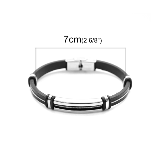 Picture of 304 Stainless Steel & Real Leather Bangles Bracelets Silver Tone Black Round 21cm(8 2/8") long, 1 Piece