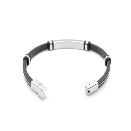 Picture of 304 Stainless Steel & Real Leather Bangles Bracelets Silver Tone Black Round 21cm(8 2/8") long, 1 Piece