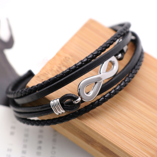 Image de Bracelets en 304 Acier Inoxydable & Cuir Réel Argent Mat Noir Rond Symbole"Infini" Multicouche 21cm long, 1 Pièce