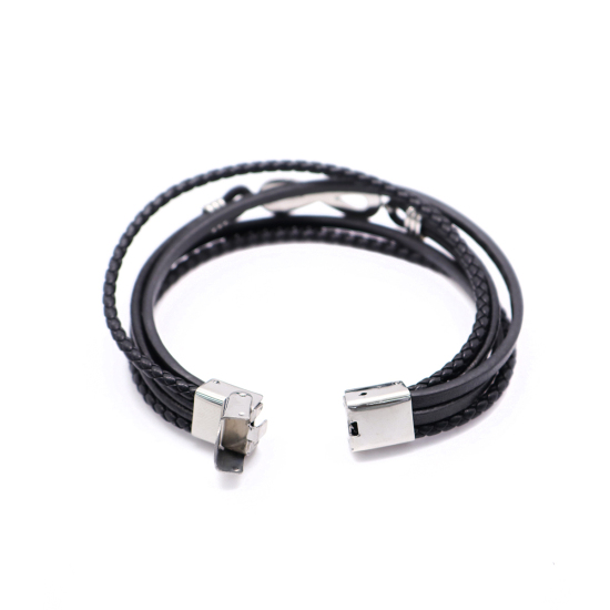Image de Bracelets en 304 Acier Inoxydable & Cuir Réel Argent Mat Noir Rond Symbole"Infini" Multicouche 21cm long, 1 Pièce