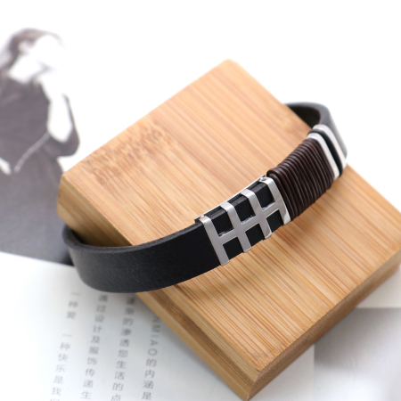 304 Stainless Steel & Real Leather & Rubber Bangles Bracelets Silver Tone Brown & Black Round Grid Checker 21cm(8 2/8") long, 1 Piece