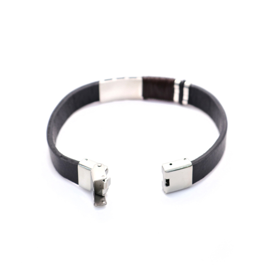 Picture of 304 Stainless Steel & Real Leather & Rubber Bangles Bracelets Silver Tone Brown & Black Round Grid Checker 21cm(8 2/8") long, 1 Piece