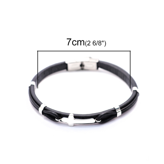 Imagen de 304 Acero Inoxidable & Cuero Real Brazalete Tono de Plata Negro Ronda Cruz Multicapa 21cm longitud, 1 Unidad