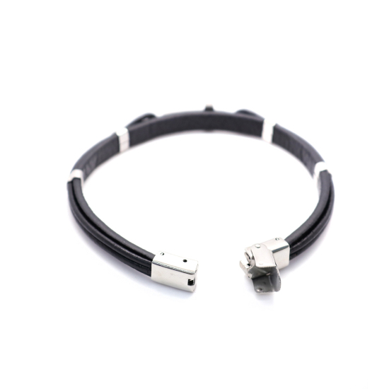 Imagen de 304 Acero Inoxidable & Cuero Real Brazalete Tono de Plata Negro Ronda Cruz Multicapa 21cm longitud, 1 Unidad