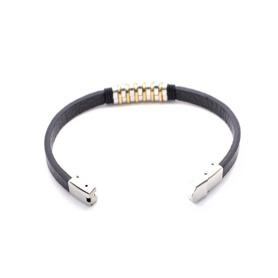 Image de Bracelets en 304 Acier Inoxydable & Cuir Réel & Caoutchouc Plaqué Or & Argent Mat Noir Rond 21cm long, 1 Pièce