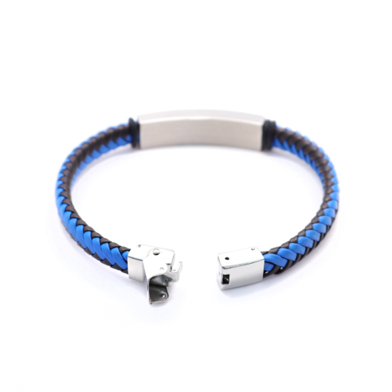Image de Bracelets en 304 Acier Inoxydable & Cuir Réel & Caoutchouc Argent Mat Bleu & Noir Rond Tissé 21cm long, 1 Pièce