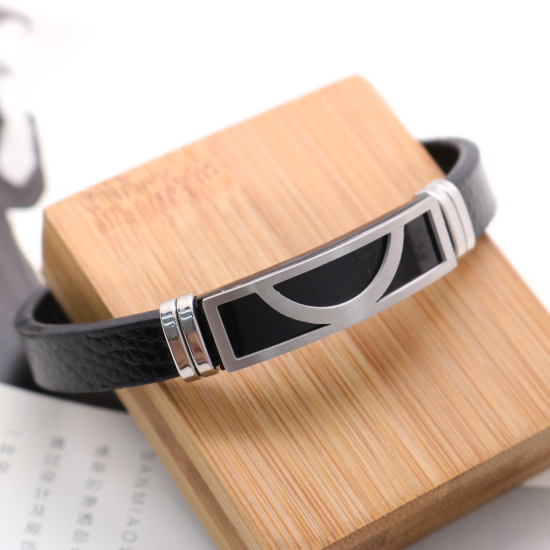 Bild von 304 Edelstahl & Echtes Leder Armband Silberfarbe Schwarz Rund 21cm lang, 1 Strang