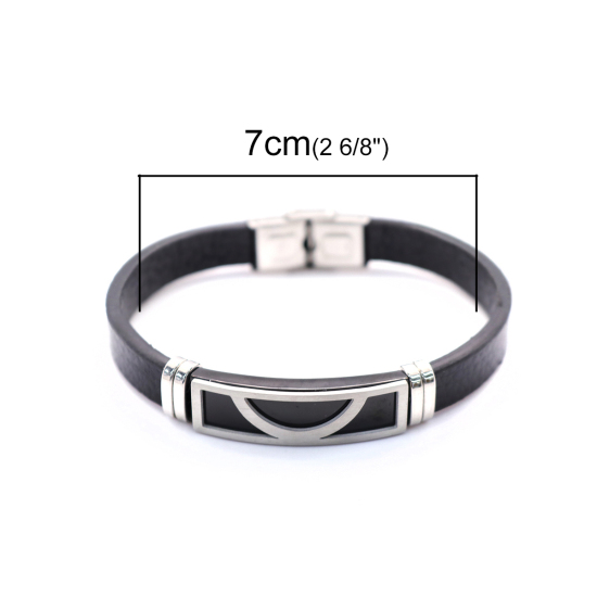 Bild von 304 Edelstahl & Echtes Leder Armband Silberfarbe Schwarz Rund 21cm lang, 1 Strang