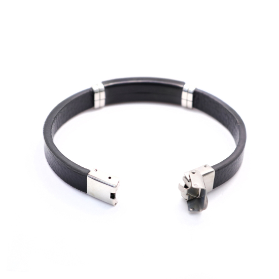 Bild von 304 Edelstahl & Echtes Leder Armband Silberfarbe Schwarz Rund 21cm lang, 1 Strang
