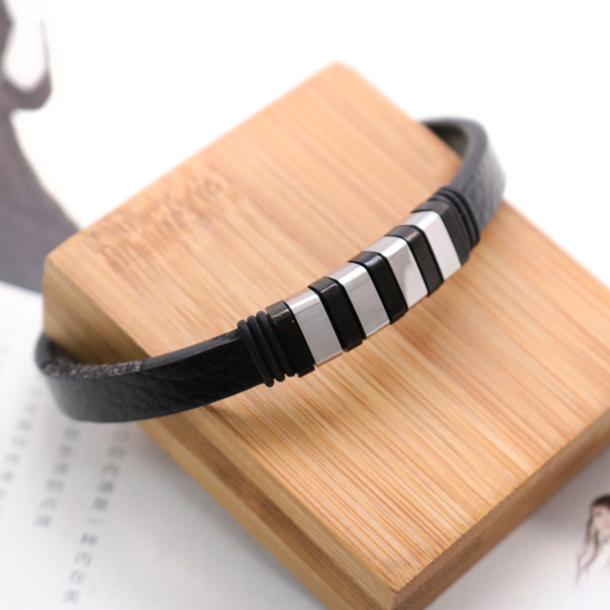 Imagen de 304 Acero Inoxidable & Cuero Real & Caucho Brazalete Tono de Plata Negro Ronda 21cm longitud, 1 Unidad
