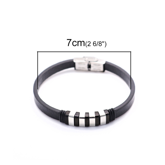 Imagen de 304 Acero Inoxidable & Cuero Real & Caucho Brazalete Tono de Plata Negro Ronda 21cm longitud, 1 Unidad