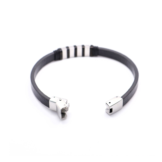 Imagen de 304 Acero Inoxidable & Cuero Real & Caucho Brazalete Tono de Plata Negro Ronda 21cm longitud, 1 Unidad