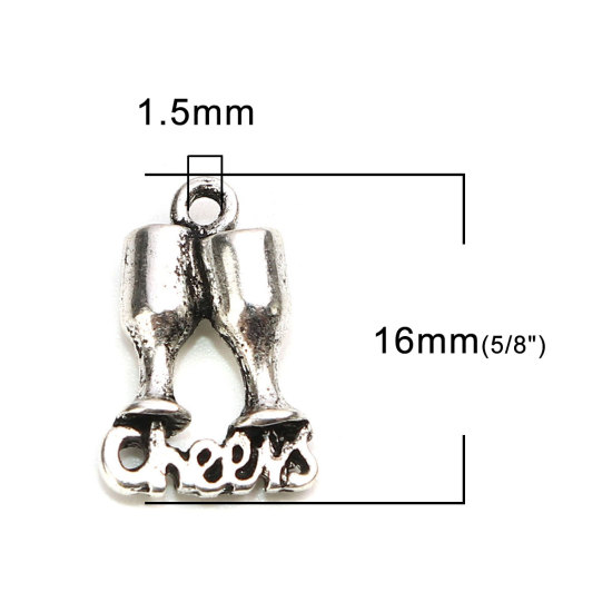 Picture of Zinc Based Alloy Charms Wine Glass Antique Silver Color Message " Cheer " 3D 16mm x 11mm, 10 PCs