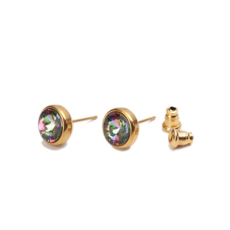 Picture of Stainless Steel Ear Post Stud Earrings Gold Plated Round AB Color Rhinestone 10mm Dia., Post/ Wire Size: (20 gauge), 2 PCs